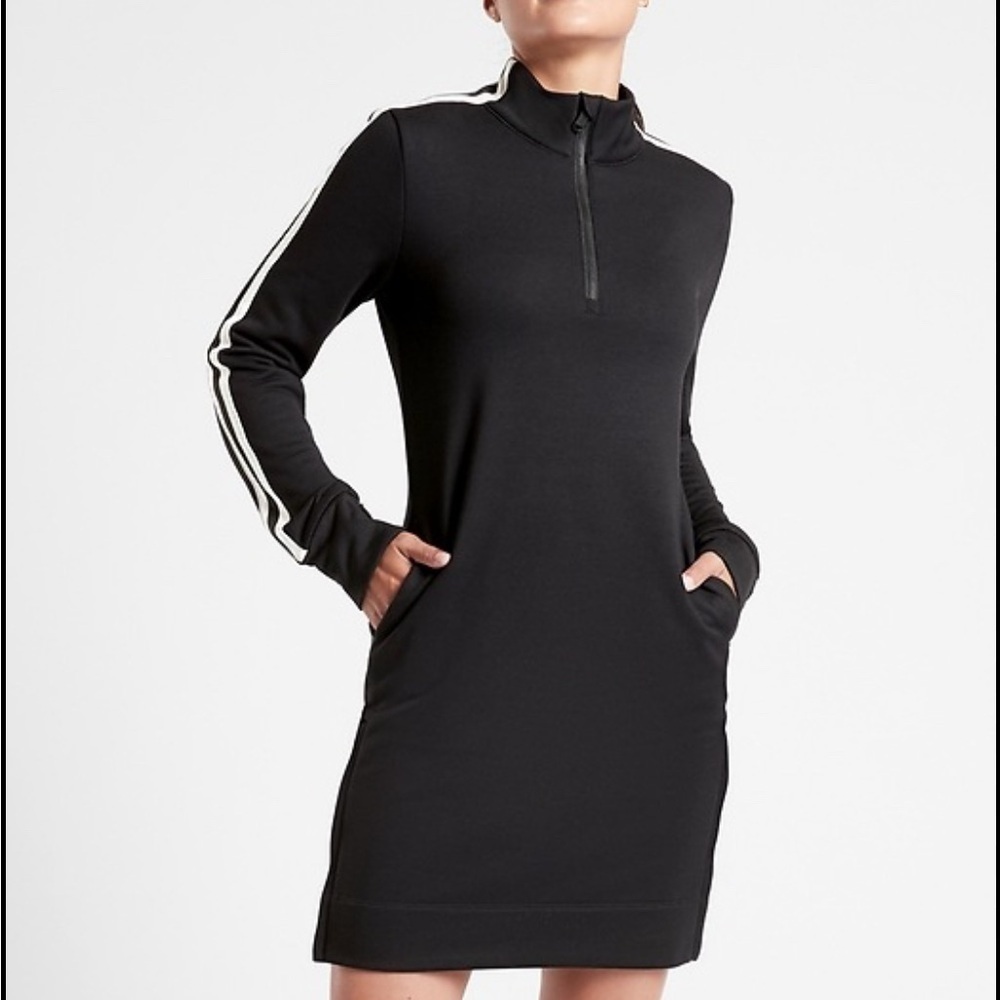 Athleta Black Long-Sleeve Half-Zip Dress with White Stripe Detail